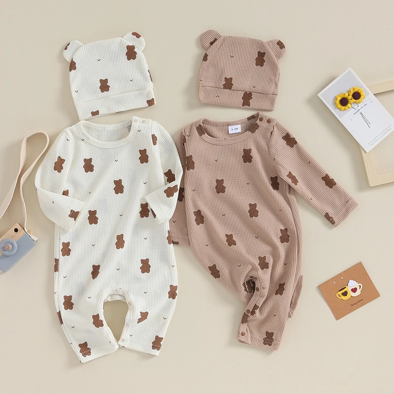 

2023-08-09 Lioraitiin 0-18M Infant Baby Girls Boys Rompers Clothes Bear Print Crew Neck Long Sleeve Toddler Fall Jumpsuit +Hat