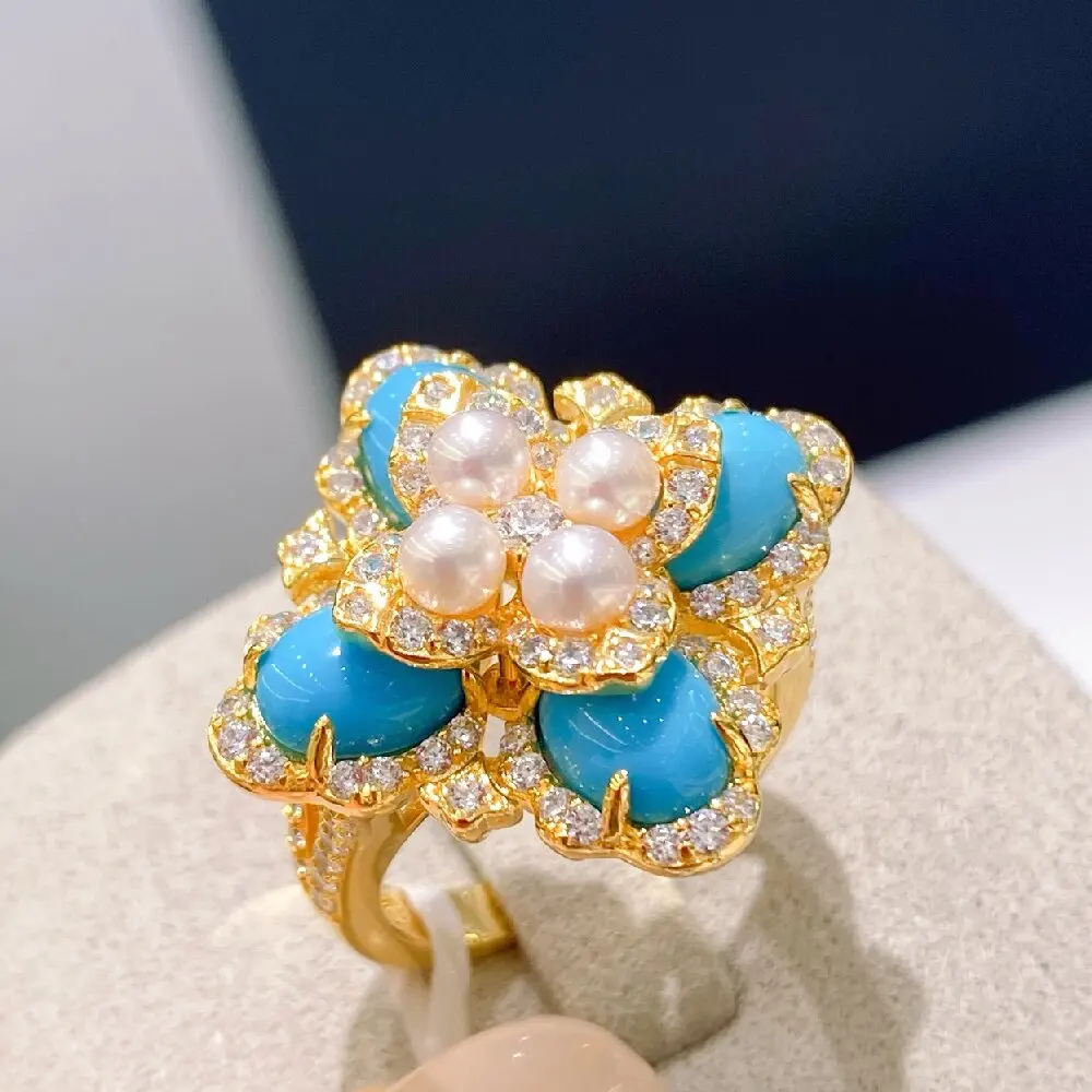 

925 Sterling Silver Flower Ring With Diamonds Blue Turquoise For Women Exquisite Pearl Ring Wedding Fine Jewelry