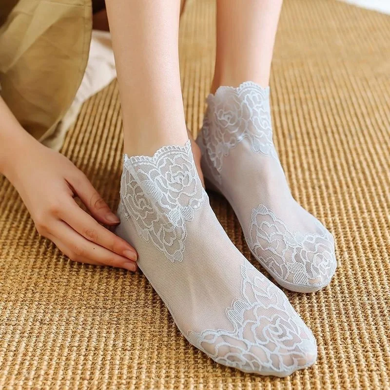 

5 пар 1 комплект женских носков, летние кружевные черные нескользящие низкие верхние сетчатые дышащие удобные носки с низким вырезом на тонкой хлопковой подошве