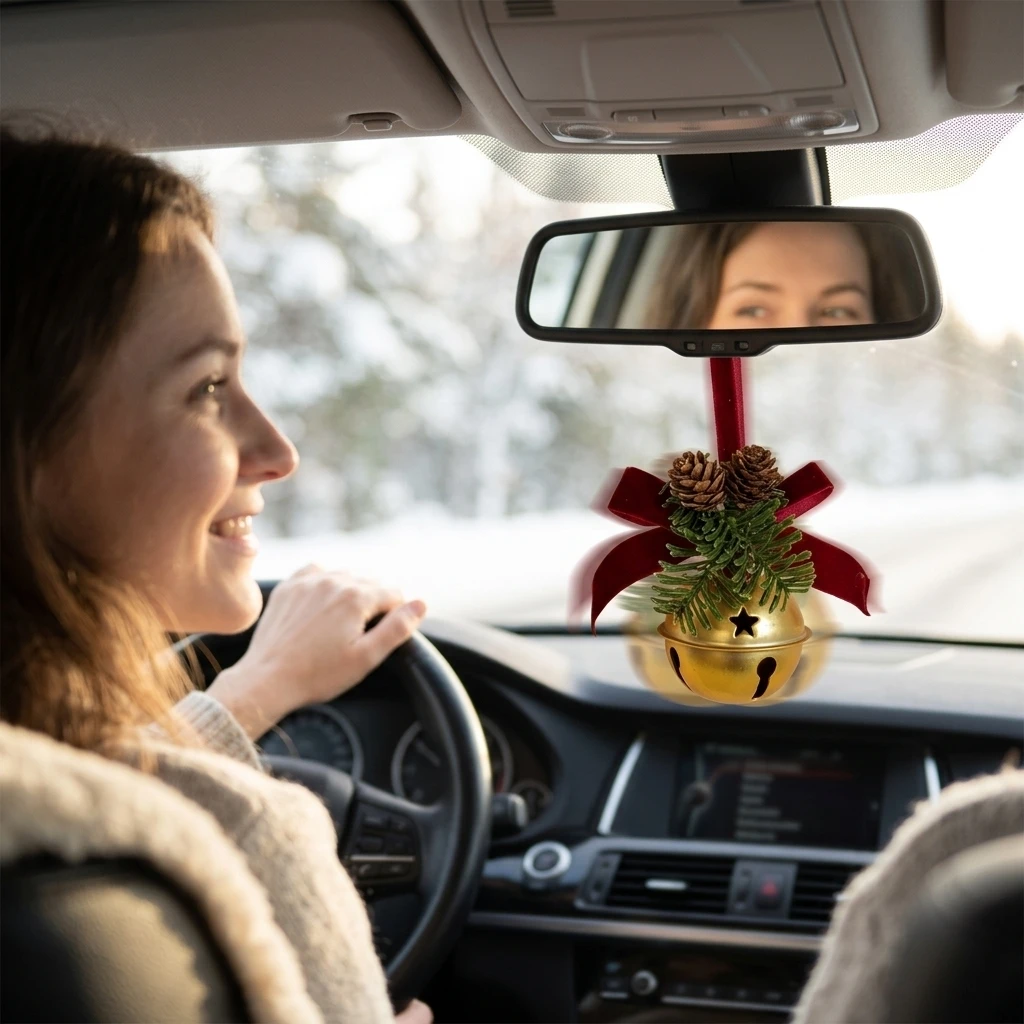1pc Christmas Tree Hanging Ornament Festive Red Bell Car Mirror Decor for Couples Family Holiday Interior Styling Gift