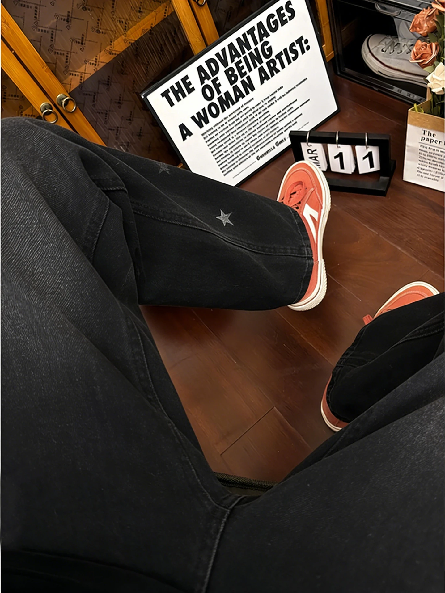Washed Black Knife  Jeans Men Winter Trendy Embroidered Five Pointed Star Pants American High Street Straight Leg Flared