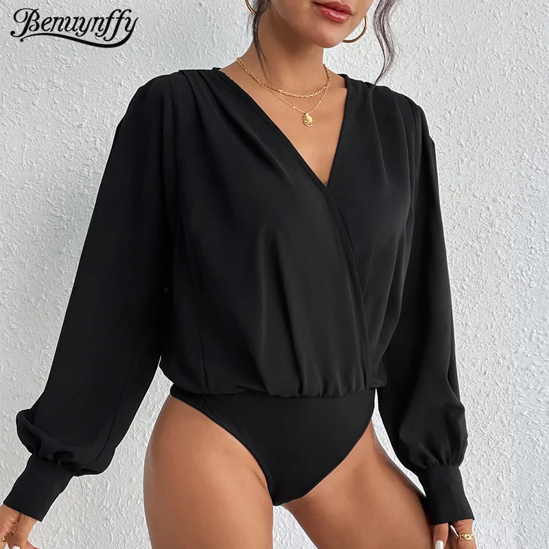 Benuynffy أسود الخامس الرقبة فانوس كم ارتداءها النساء 2025 الخريف موضة جديدة مكتب سيدة عالية الخصر قطعة واحدة Bodys امرأة علوية