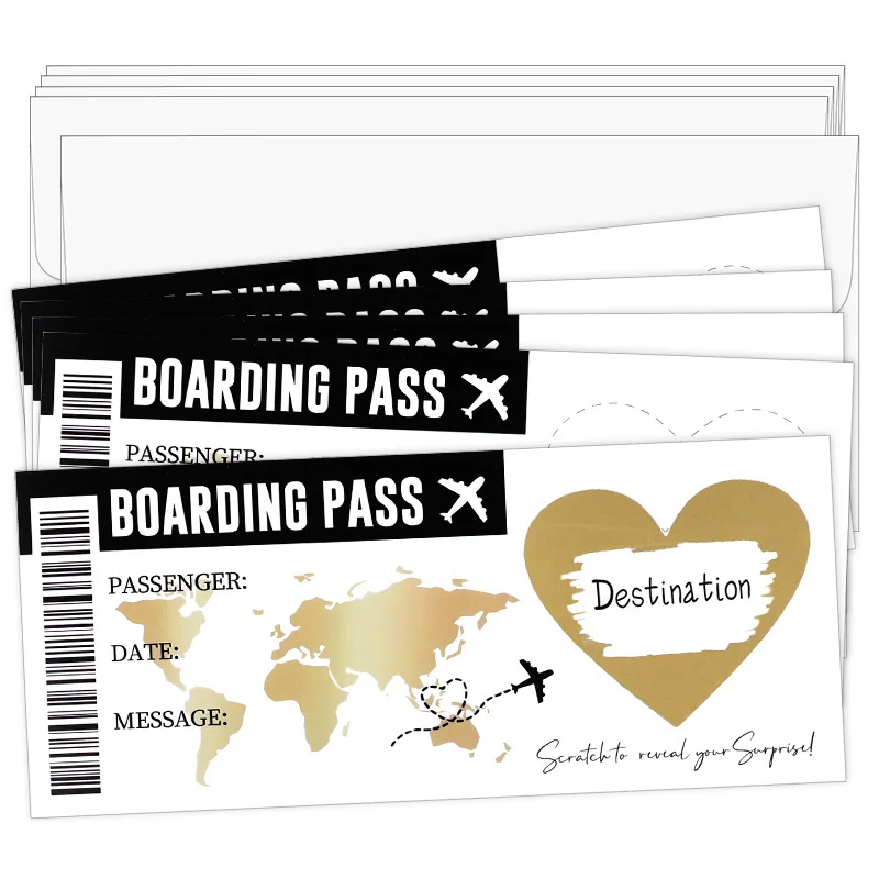 

1Set Boarding Pass Scratch Off Game Card with Envelope Travel Ticket Surprise Gift for Wedding Birthday Party Christmas Holiday