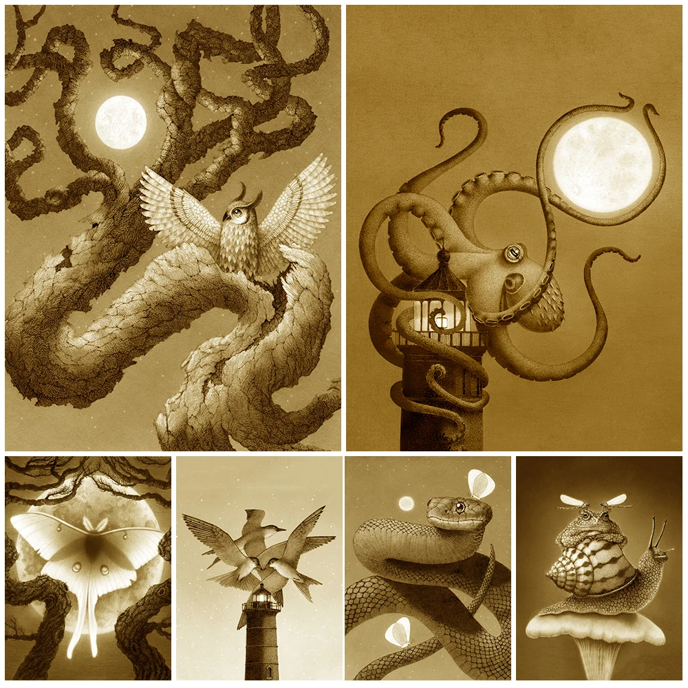 

Kraken And Full Moon Vintage Wall Art Canvas Painting Owl,Frog,Moth Mysterious Animal Art Poster Print Witch Home Decor Unframed