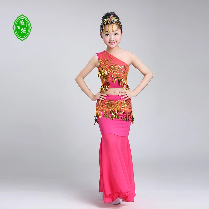 Costume da ballo Dai per bambini Costumi di danza del pavone per ragazze Costume da spettacolo per danza del ventre a coda di pesce per bambini