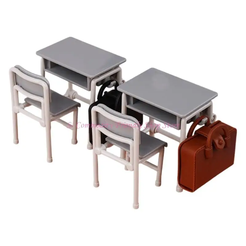 85AE 2PCS Study Desk Chair Set with School Bag Dollhouses Scene Display Accessories