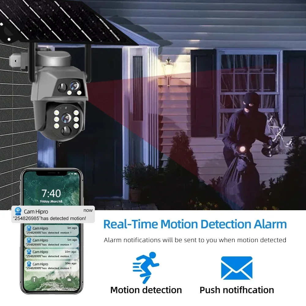 HD 4G Solar Camera, 8MP Dual Lens, WiFi Surveillance PTZ Battery  PIR Human Detection Night CCTV Cam Campi Pro APP image 2