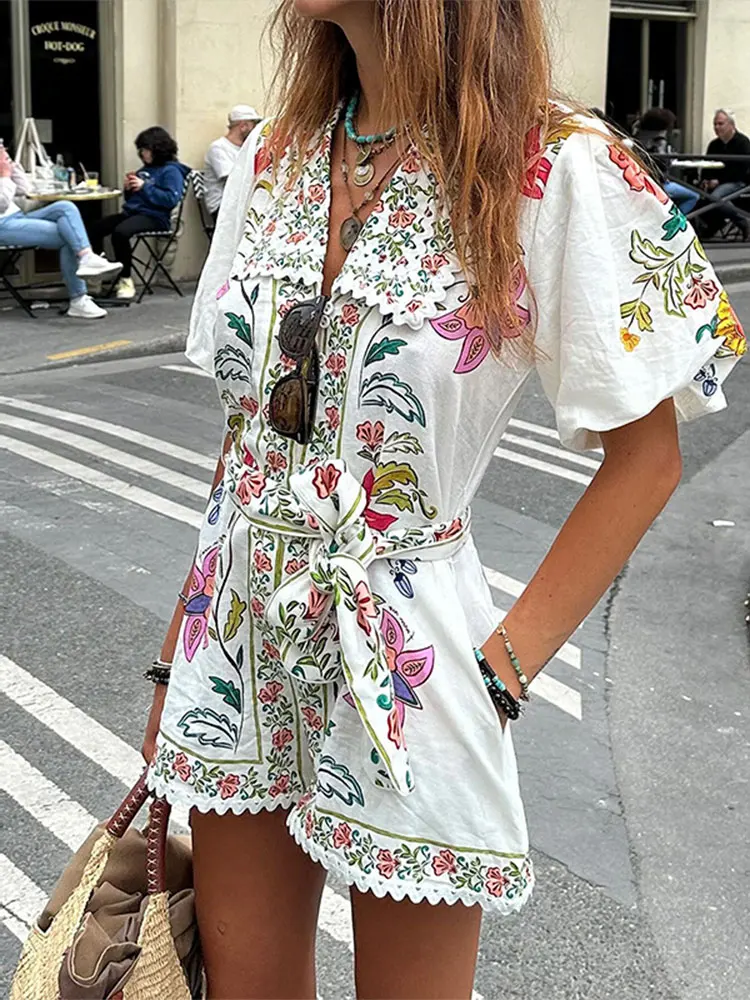 Women Fashion Printed Lace-up Jumpsuit Casual V-neck Puff Short Sleeve High-waist Romper 2024 Summer Lady Elegant Street Outfit