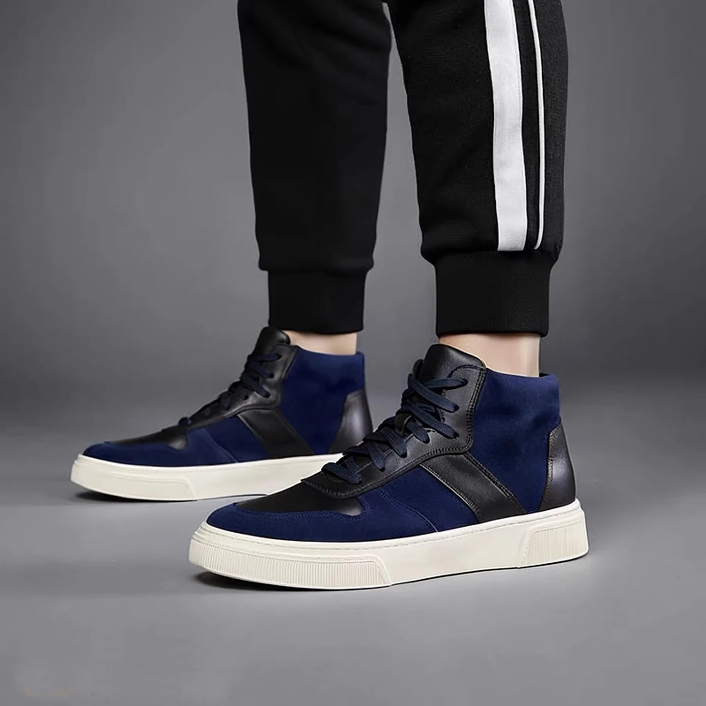 Men's Luxury Blue High Top Sneakers, Genuine Leather Lace-Up Casual Shoes, All-Leather Construction & Height Increase Design