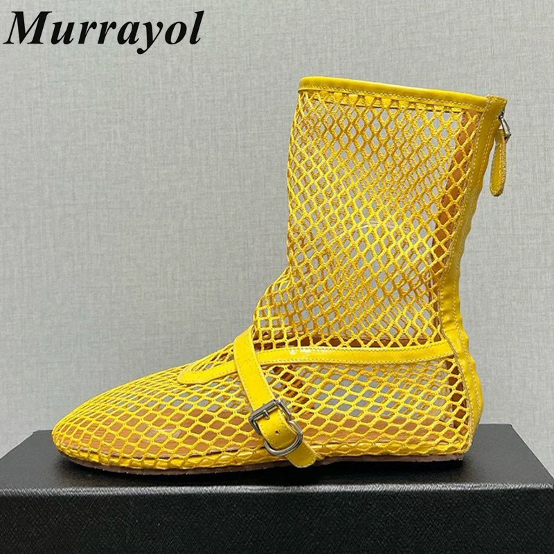 

Round Toe Mesh Hollow Out Ankle Boots Women Belt Buckle Decor Short Boots Summer Ventilation Cool Boots Sexy Ballet Shoes