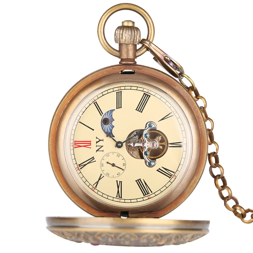 Mechanical Pocket Watch Elk Deer Embossed Case Colorful Rhinestone Decor Self Wind Retro Pocket Watch Men for Collection Gift