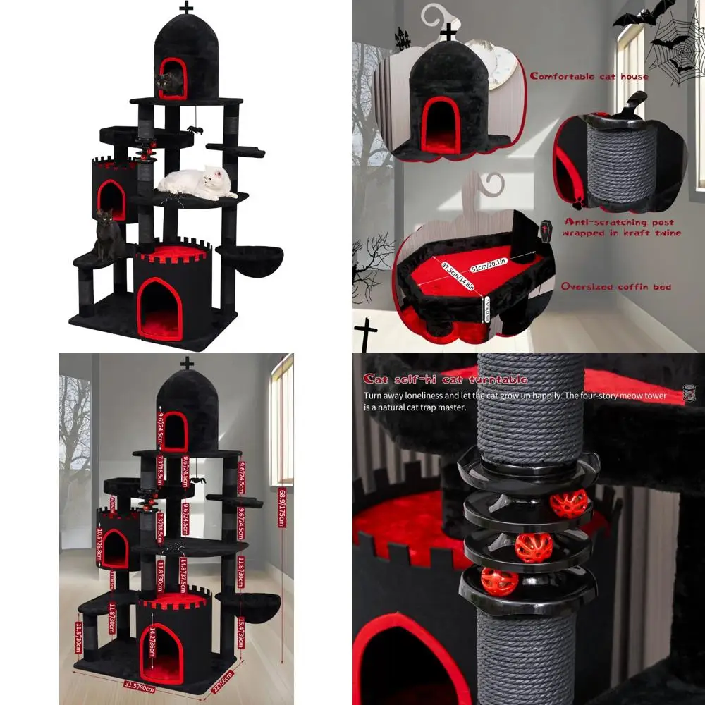 

Elegant Gothic-Style Cat Tower, 68.9 Inches High, with Coffin-Shaped Bed and Spacious Condo for Large Felines, Including Scratch