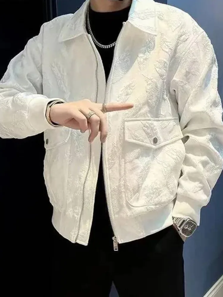 Embossed Leaf Jacquard Mens Short Jacket Turn Down Collar Zip Up Outerwear Loose Spring Autumn Trendy Daily Coats SDW3