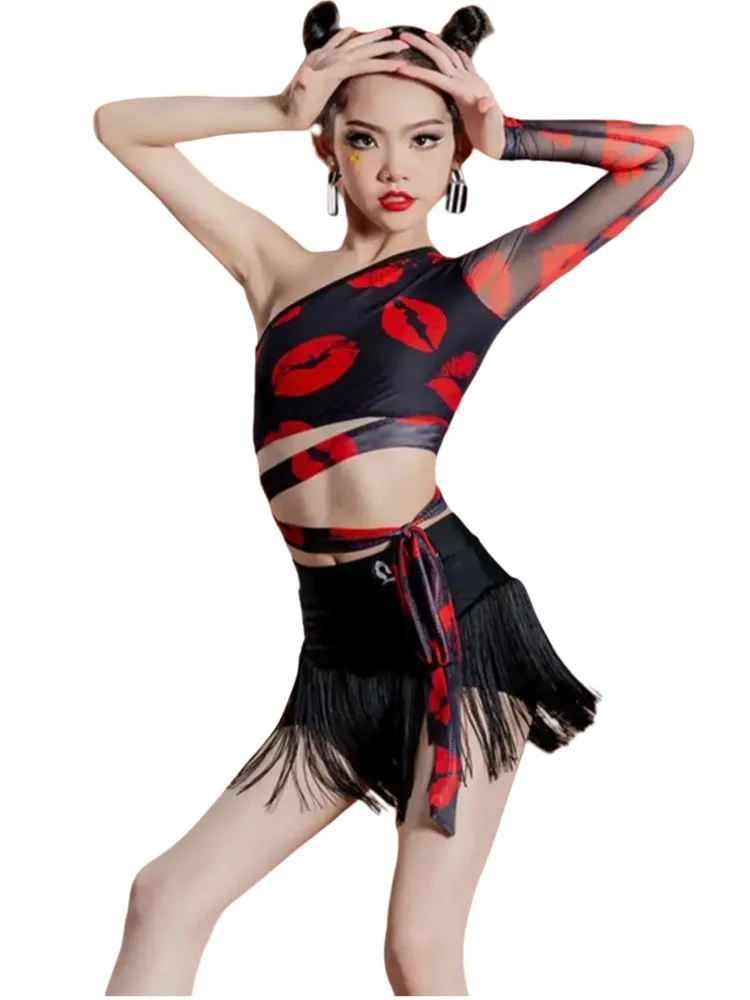 irls Latin Dance Costume Outfit Single Sleeve Tops Tassel Skirt ChaCha Dancing Clothes Children Samba Tango Practice Wear