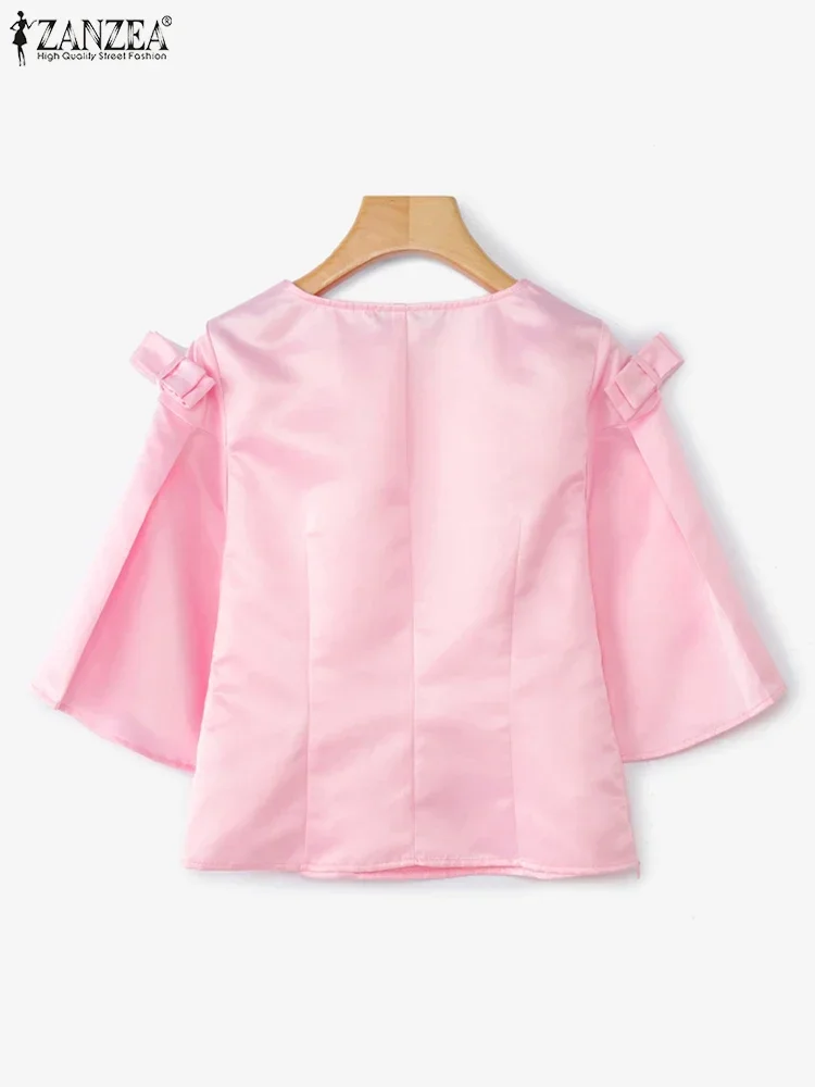 

Плюс размер 5XL ZANZEA, элегантные атласные топы, женская модная блузка, лето 2022, офисные женские рубашки с расклешенными рукавами, повседневные однотонные блузки