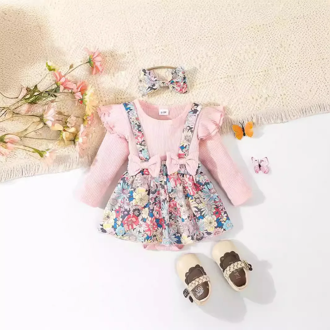 Infants and Toddlers Long Sleeve Little Floral Princess Sweet Triangle Climbing Strap Dress Cute Casual Fashionable Rompers