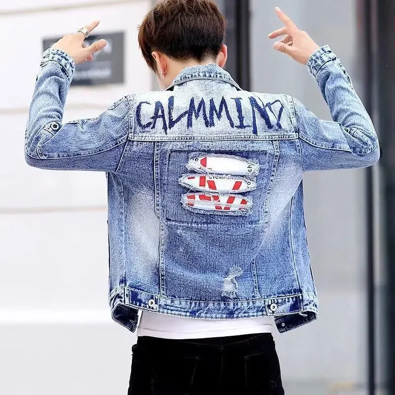 

Trendy Slim Fit Lapel Men's Denim Jacket Washed Joker Cowgirl Lxury Casual Rock New in Low Price Fashion Korea Male Jean Coats
