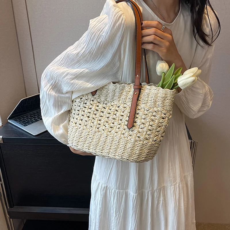 Designer Casual Rattan Wicker Tote Bag Große Kapazität Gewebt frauen Sommer Strand Stroh Handtasche Dame Reise Großen Korb – Detail 7