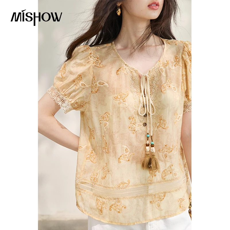 MISHOW Lightweight Retro Tassel Blouse For Women 2026 Summer New Lace V-Neck Bubble Sleeves Bohemian Fashion Top MXF27X2699