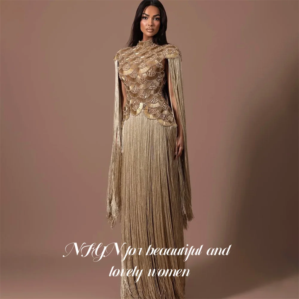

NFYN Golden Evening Dress High Neck Off Shoulder Party Dress Straight Glitter Sequin vestidos de fiesta Prom Gowns Customized