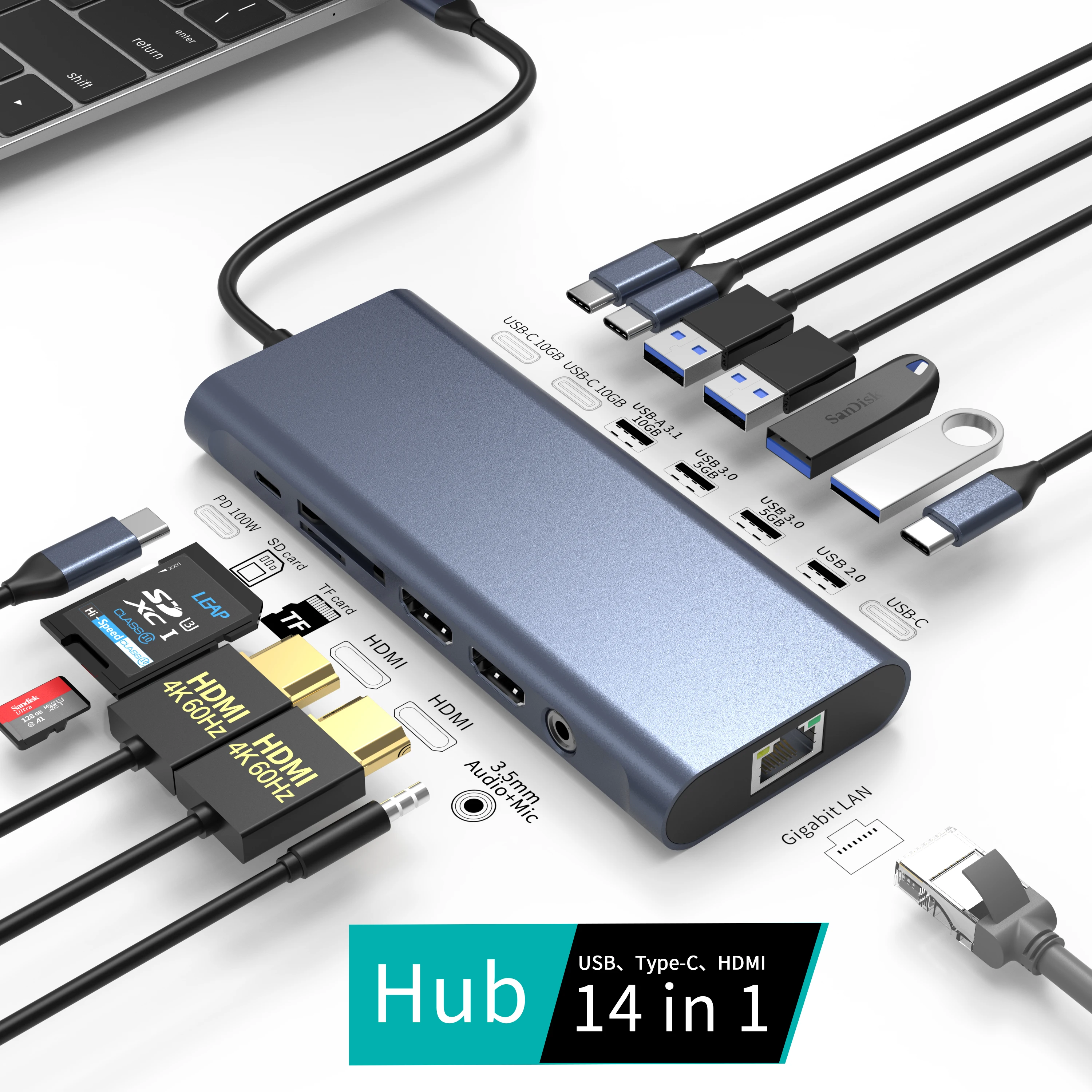 14 in 1 USB Type-C Dual HD MI 60HZ Rj45 USB 3.0 SD Card Reader Hub Docking Station USB Hubs