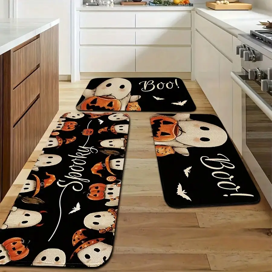 Halloween Kitchen Rug Set Cute Spooky Non-Slip Carpet Black Ghost Pumpkin Printed Soft Flannel Fabric 2 3 Pcs Set Machine Washable Rectangle Runner For Kitchen Hallway Entryway Halloween Decoration