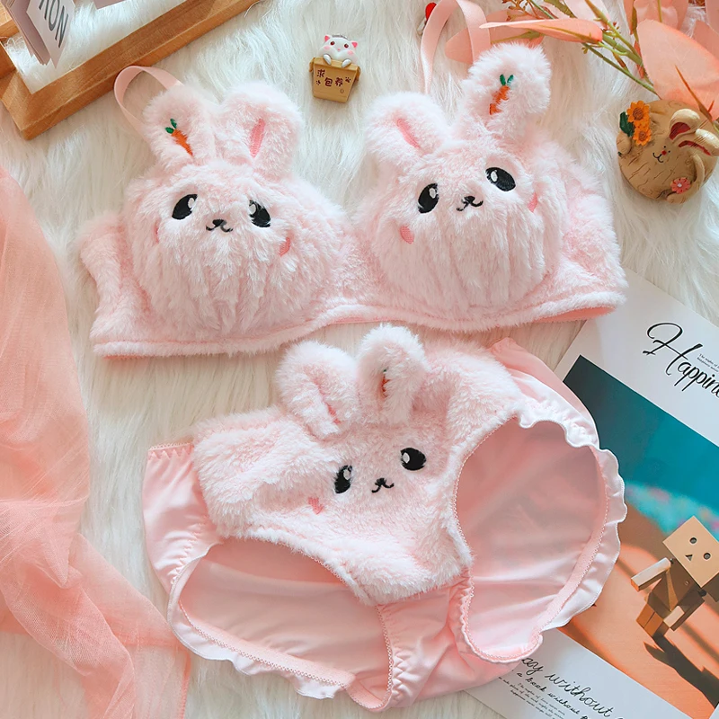 Japanese lolita girls plush lingerie with underpants no steel ring push-up bra set warm lingerie underpants suit rabbit bralette