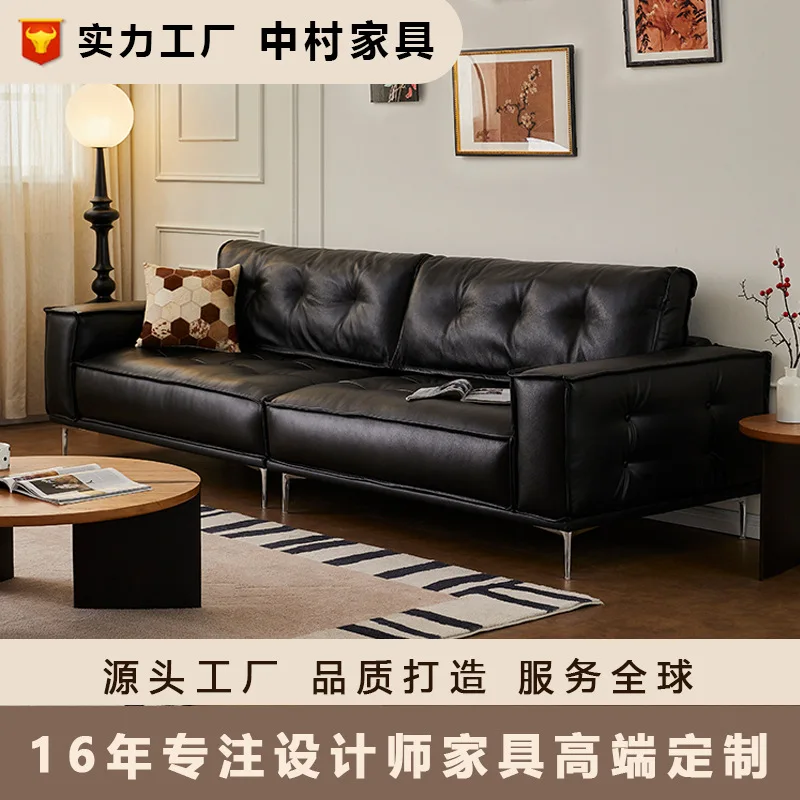 Medieval style long-term sofa French retro oil wax leather sofa small apartment black straight row first-layer cowhide sofa