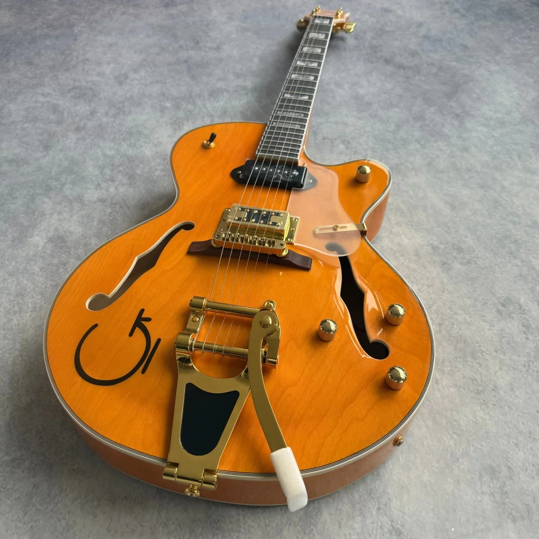 Hollow Body Jazz Electric Guitar, Orange Gloss Finish, Gold Hardware,  Tremolo Bridge, F-hole Archtop Guitar