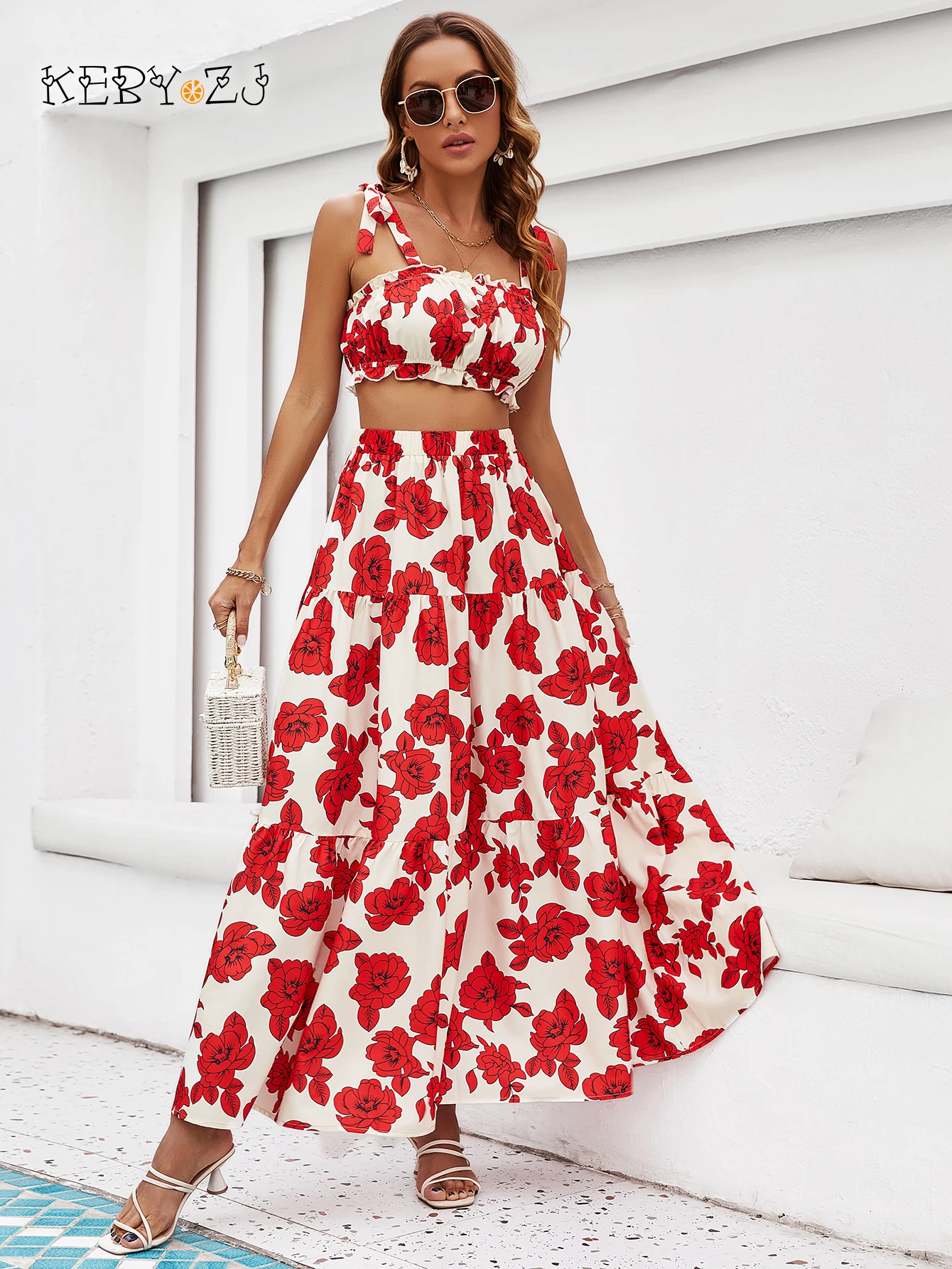 

KEBY ZJ Bohemia Swimsuit Crop Tops Dress Sets for Women Summer Two Pieces Skirt Beach Vacation Floral Print Maxi Skirt Boho Set