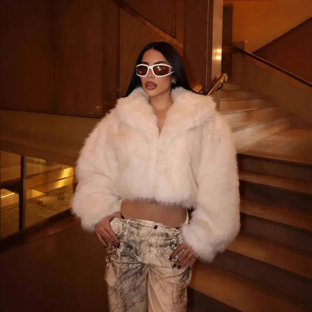 Stylish New Winter Women Mink Cropped Lapel Collar Lady Eco Coat Detaile Thermal Faux Fox Fur Jacket For Female