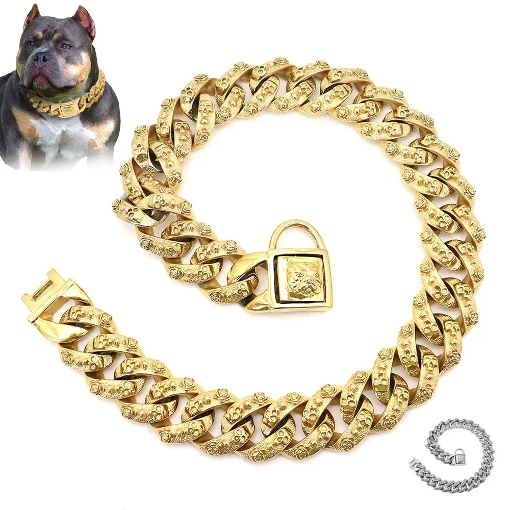 Top Seller Pet Gold Collar 18K 32 mm Cuban Link Chain Heavy Duty Bulldog Collar for Small Dogs American Pitbull German Shepherd