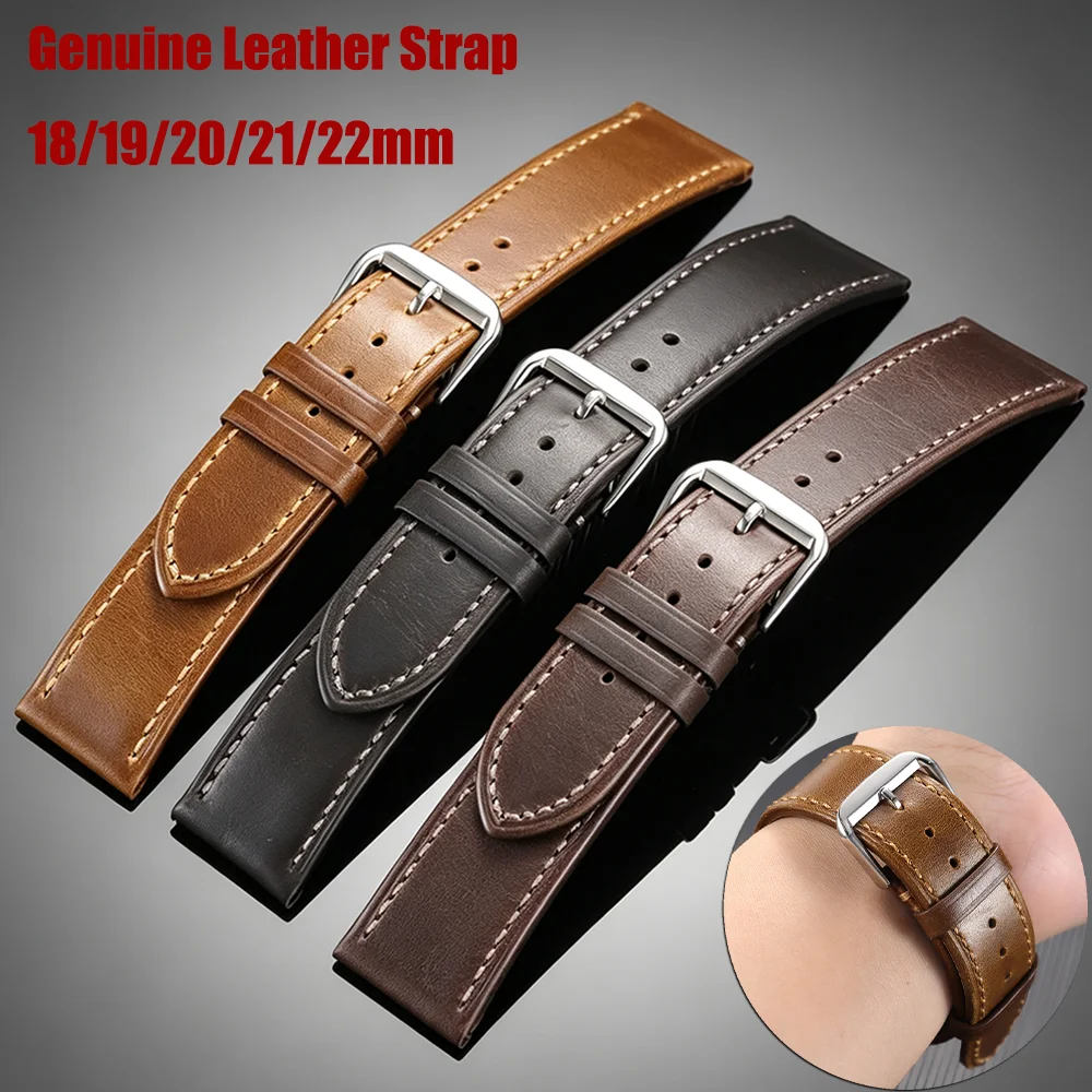 18mm 19mm 20mm 21mm 22mm Oil Wax Discoloration Leather Watchband Vintage Genuine Calfskin Leather Strap Soft Business Watch Band