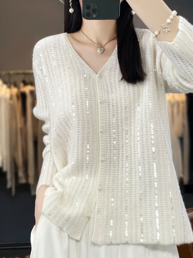 100% Wool Cardigan Sweater Women V-neck Long Sleeve Top Korean Style New In Outerwears Mujer Knitwear Sequin Spring Clothing