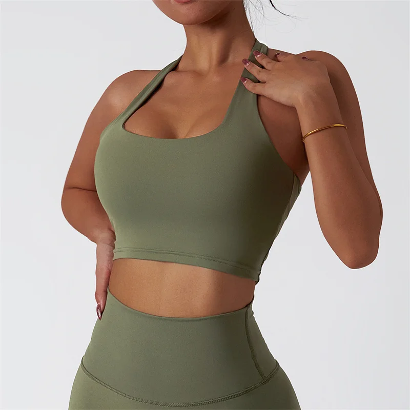 Solid Color Women Integrated Halter Neck Fitness Bra Tight Sport Tank Top Gym Yoga Underwear Seamless Workout Training Chest Pad