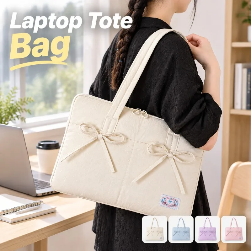 Women's Laptop Tote Bag, Korean Style Bow Pleated Design, Large Capacity Casual Commuter Shoulder Bag, Portable Notebook Handbag