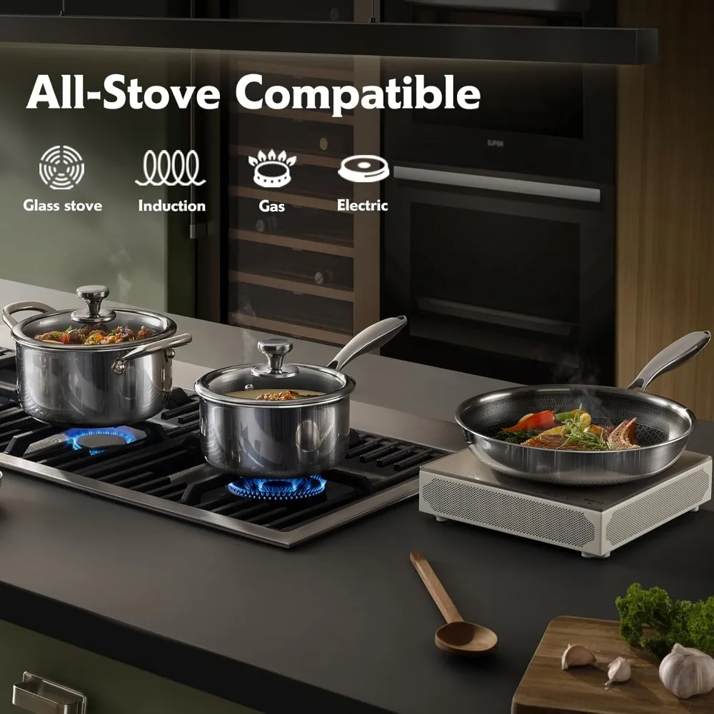 10-częściowy zestaw naczyń z pokrywkami, nieprzywierający, hybrydowy zestaw naczyń ze stali nierdzewnej, patelnia, garnek do zupy, patelnia do smażenia, do gotowania w kuchni