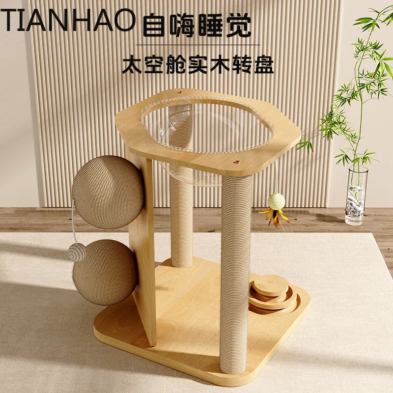 Solid Wood Cat Tree with Cozy Cave Nest Scratching Post for Cats Space Capsule Style Vertical Climbing Tower for Small Spaces