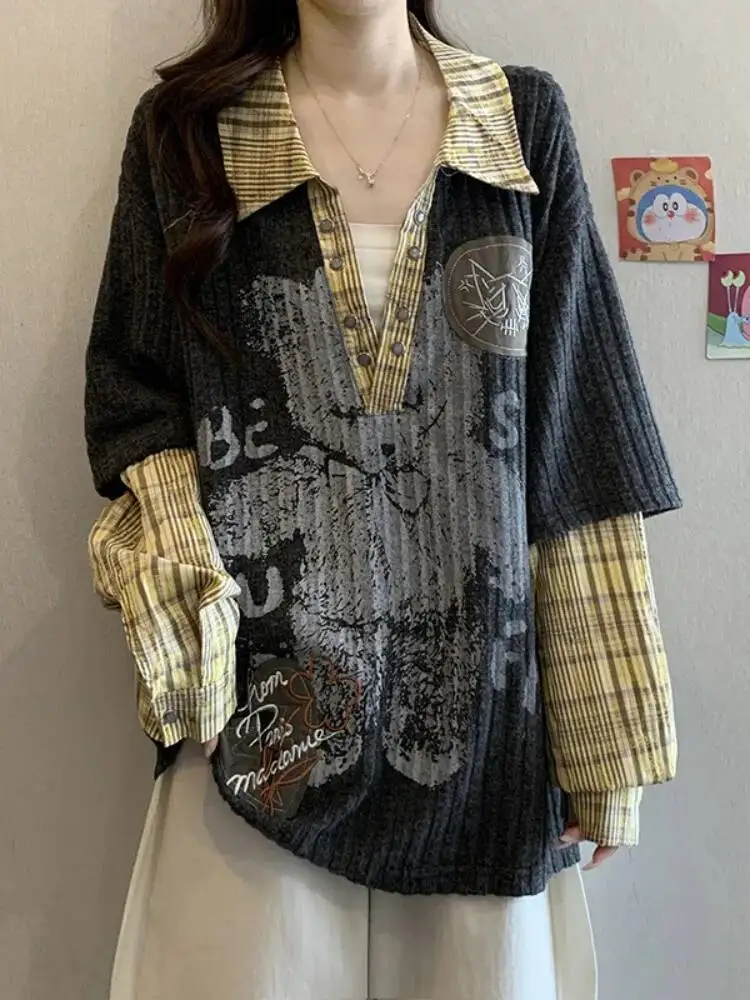 حجم كبير قمصان وهمية قطعتين طويلة الأكمام 2026 ربيع المرأة الحلو كول مطبوعة فضفاض الهيب هوب الخامس الرقبة القمصان