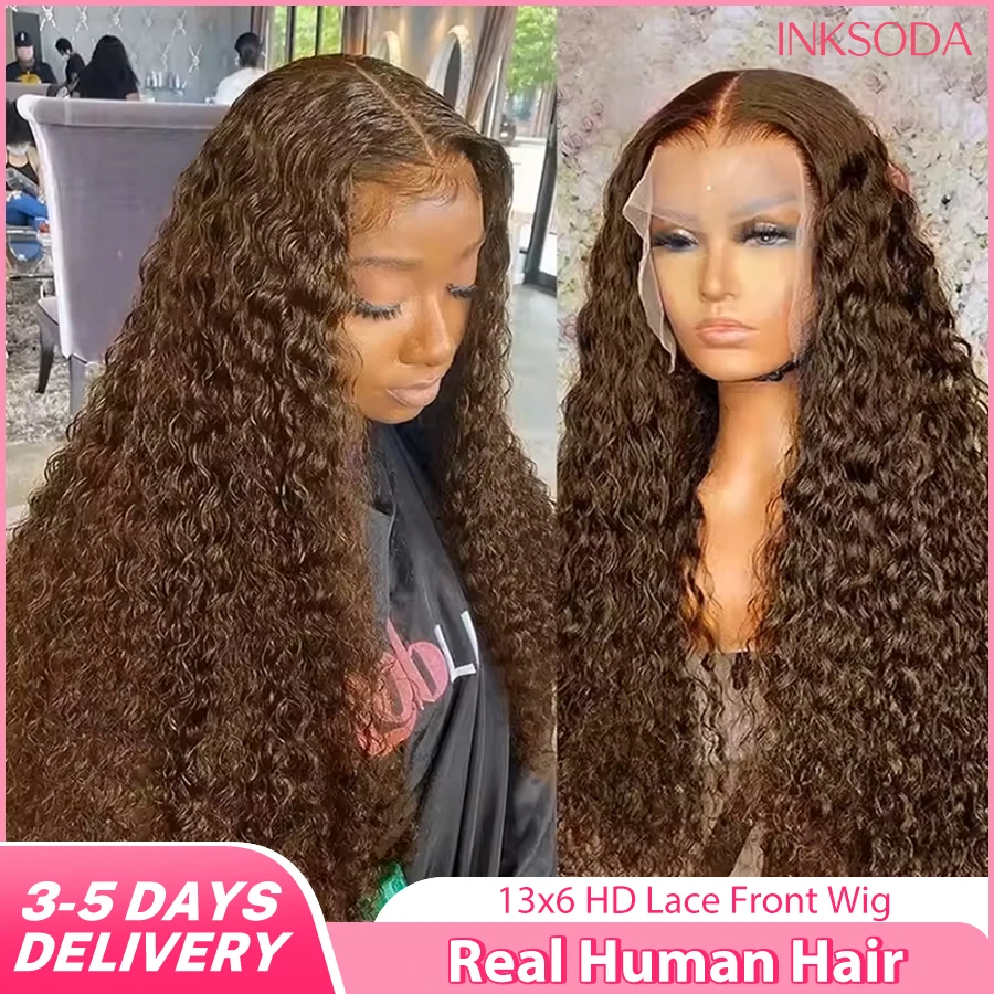 

30 Inch Chocolate Brown Deep Wave Lace Front Wigs Brazil Human Hair #4 Colored 13x6 HD Curly Lace Frontal Wigs Pre Plucked
