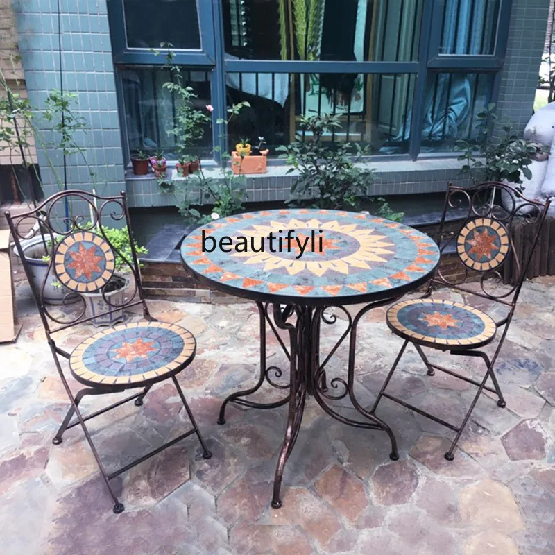 

zqEuropean-Style Outdoor Leisure Coffee Shop Table and Chair Pastoral Balcony Table and Chair Combination Courtyard Garden