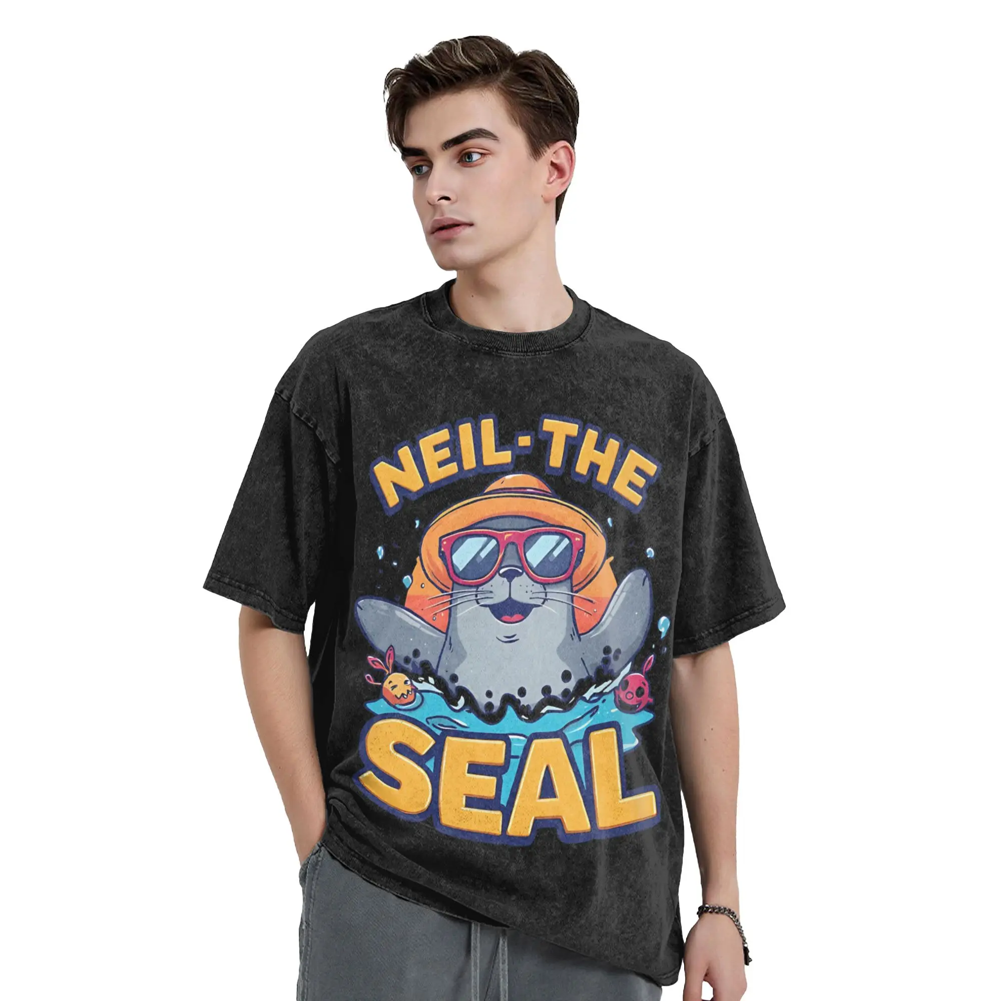 Neil the Seal Beach Sunglasses T Shirts Washed Short Sleeve Oversize T-Shirt for Men Women Tops Streetwear Graphic Tee Shirt