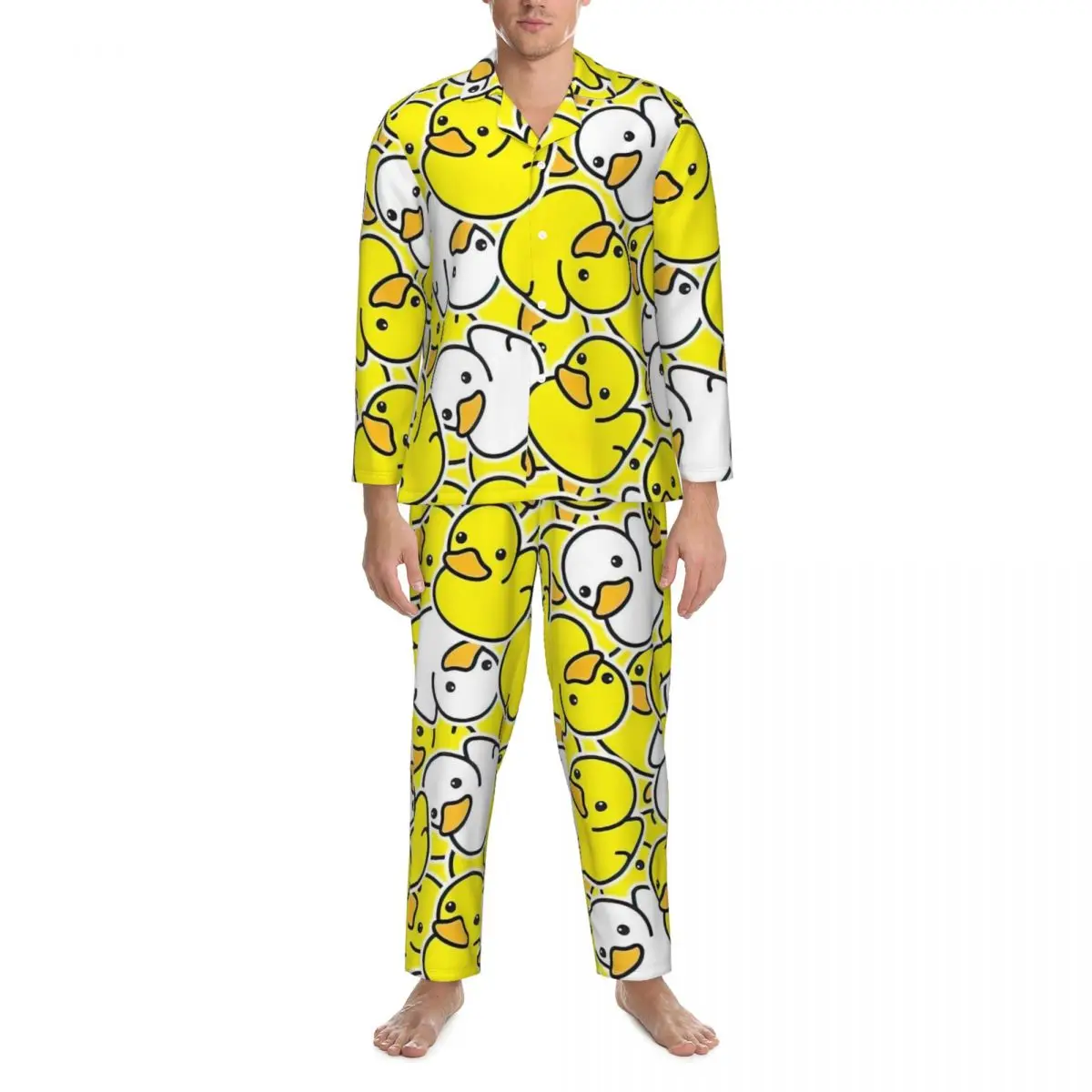 Rubber Ducks Float Pajamas Men Trendy Leisure Sleepwear Autumn 2 Piece Vintage Oversized Design Pajama Sets