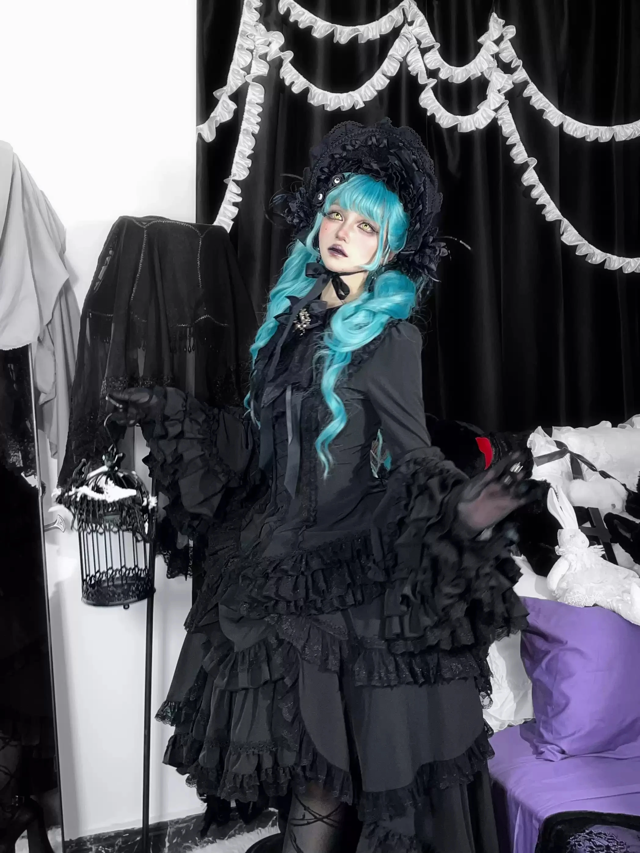 Dark Gothic Subculture Y2k Lolita Long Flared Sleeved Slim Fit Lace Shirt Top Pleated Cake Skirt Black Two Pieces Set Women
