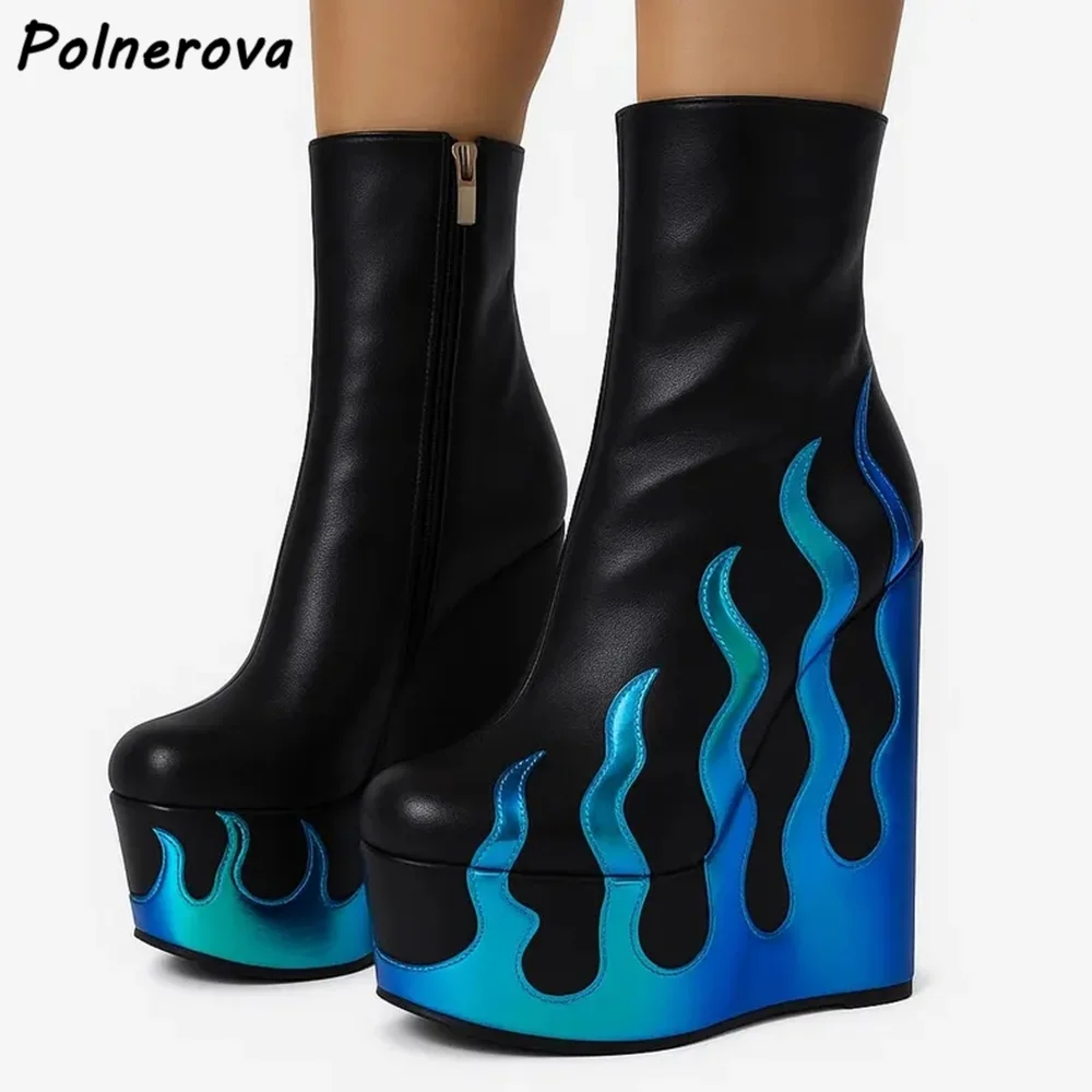 Black Laser Blue Fire Boots Platform Wedges Side Zipper Runway Sexy High Heels Ankle Boots Women's Winter Fashion Leather Shoes