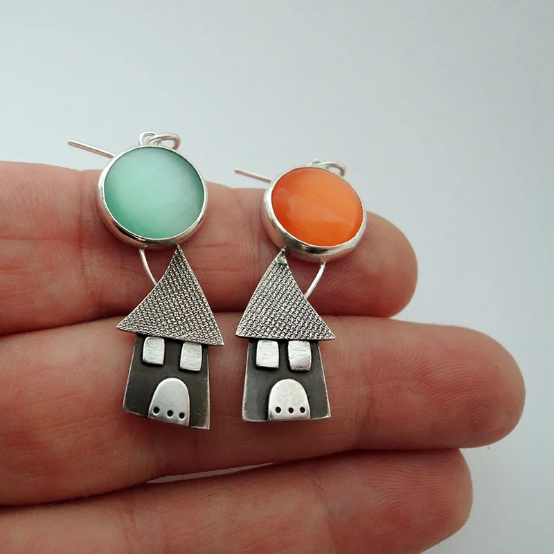 Vintage Silver Color Orange Green Stone Dangle Women's Earrings Metal Hand Carving House Pattern Party Daily Wear