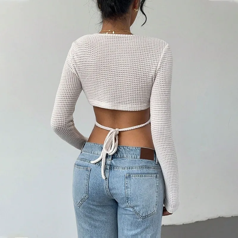

Yujie T-shirt with Waist-exposed Strap Design and Long Sleeve Top
