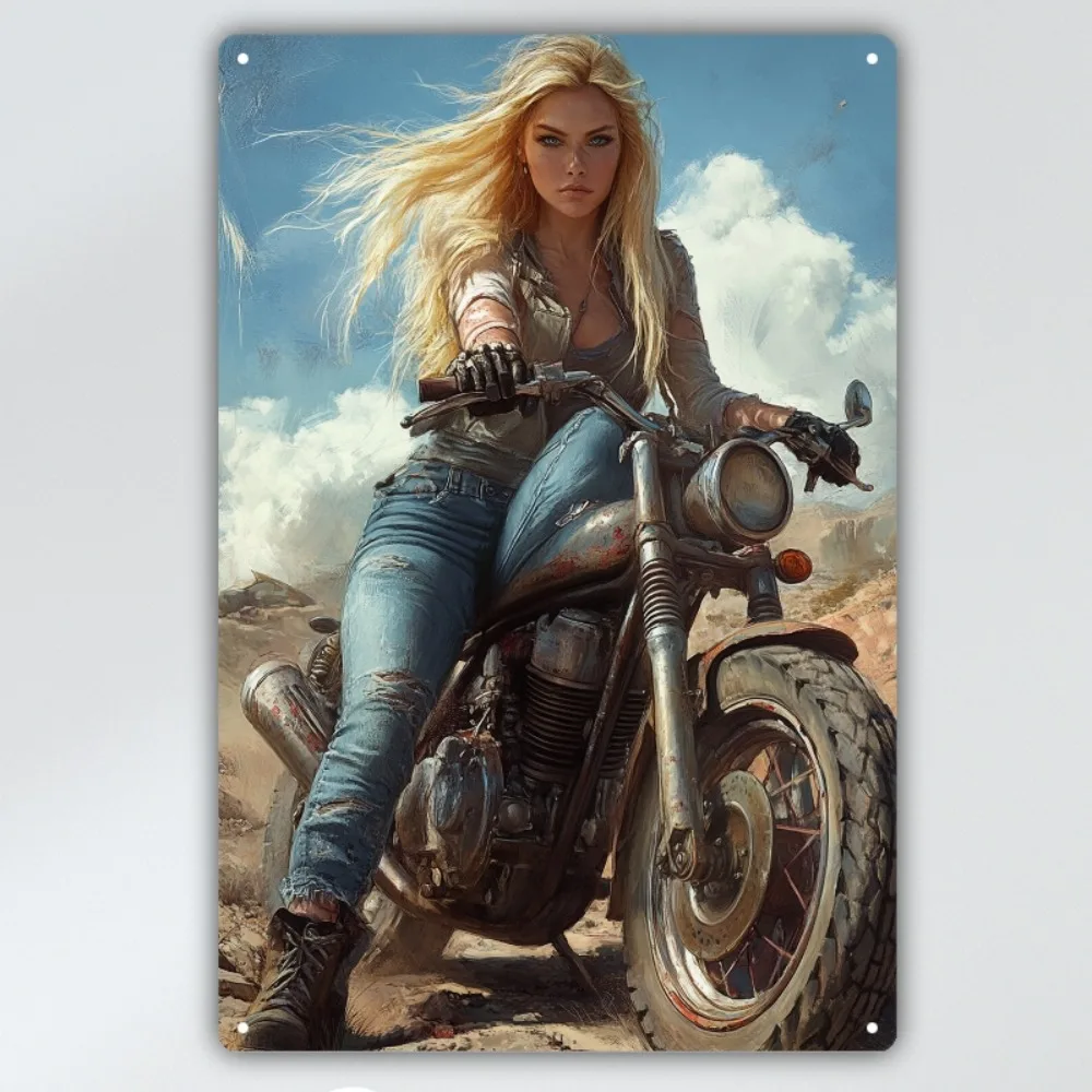 Vintage Aluminium Desert Biker Lady Oil Painting Tin Sign, Retro Motorcycle Figure Wall Decor for Garage & Bar Home