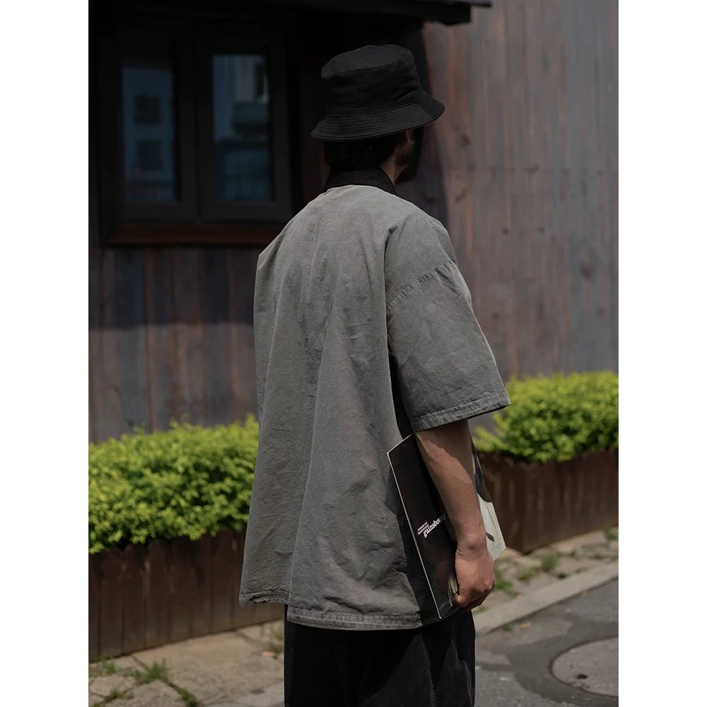 2024 Summer New Men Splice Collar Short Sleeve Loose Casual Oversize Cargo Shirts Cityboy Streetwear Vintage Blouses Рубашка