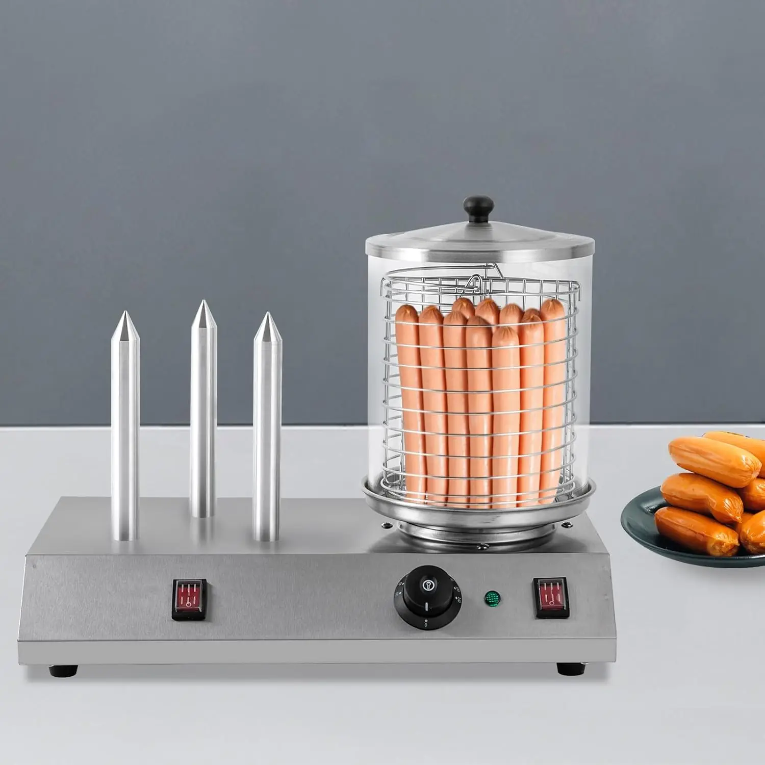 Grill,Electric Bun Warmer Cooker, Bread Toaster Machine with Temperature Control and 3 Heating Rods for Hot Dogs,Egg Rolls